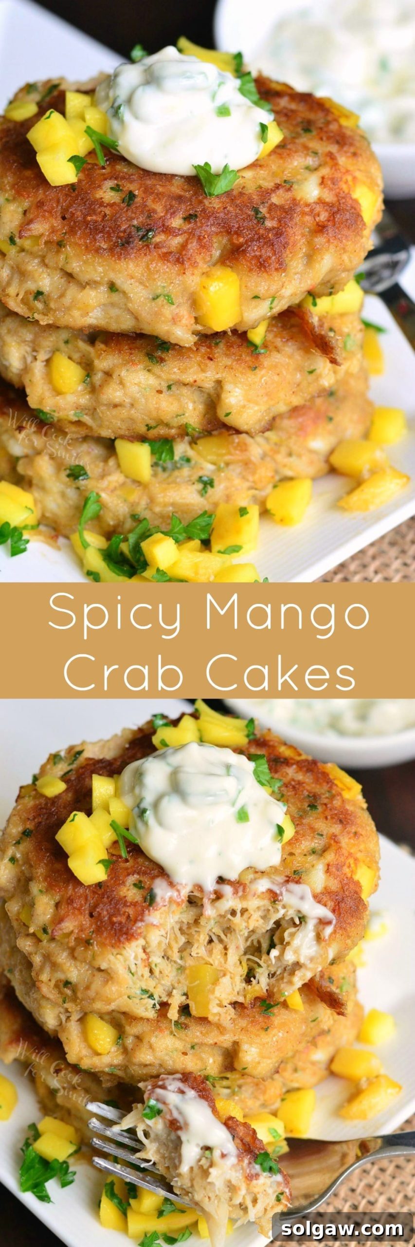 photo collage top photo Spicy Mango Crab Cakes staked up on a plate bottom photo crab cakes on a plate with some on a fork 