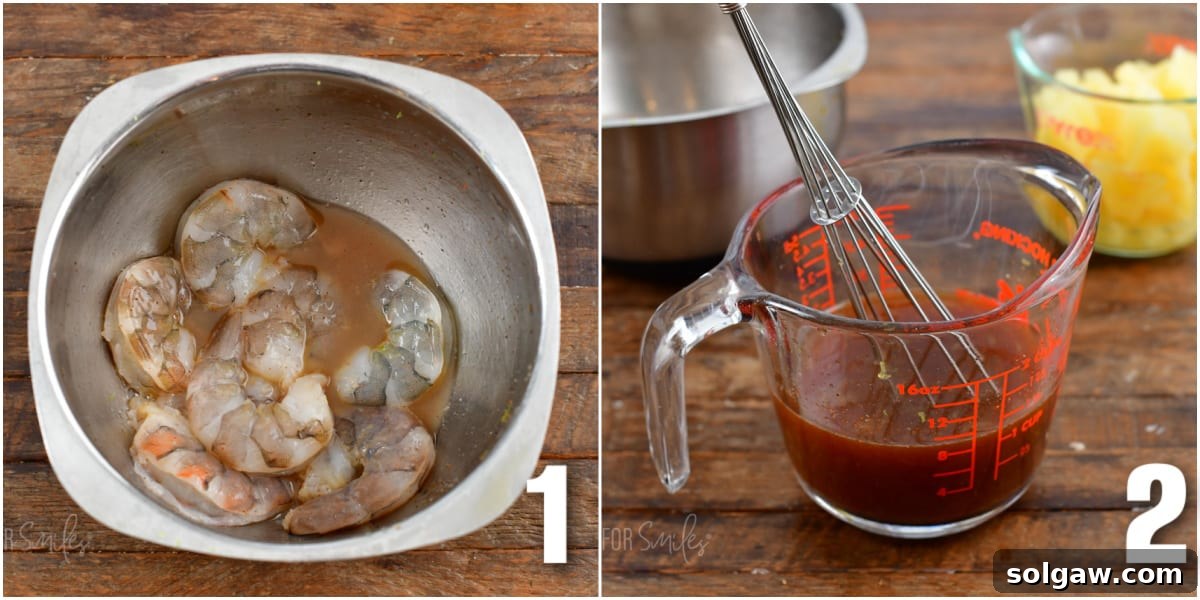 Island Shrimp Rice Bowl 4 Raw shrimp marinating in a bowl with juices and spices, alongside a measuring cup where sauce ingredients are being whisked together, preparing for the Tropical Shrimp Rice Bowl.