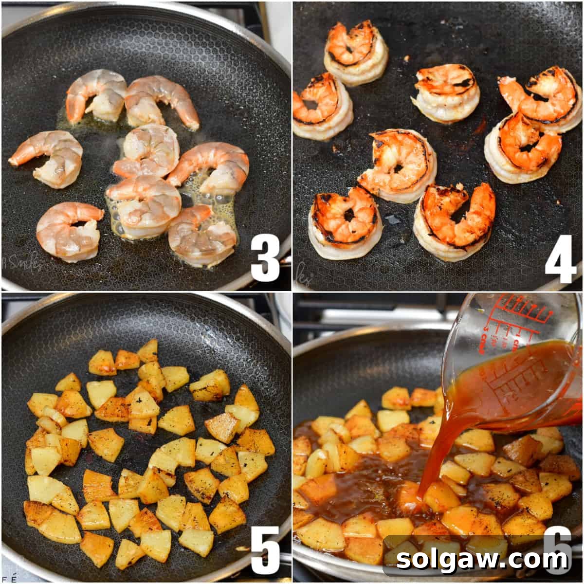 Island Shrimp Rice Bowl 5 A skillet on the stove shows shrimp being sautéed until perfectly pink, then removed. Subsequently, pineapple chunks are added to the same pan to sear, followed by the sauce.