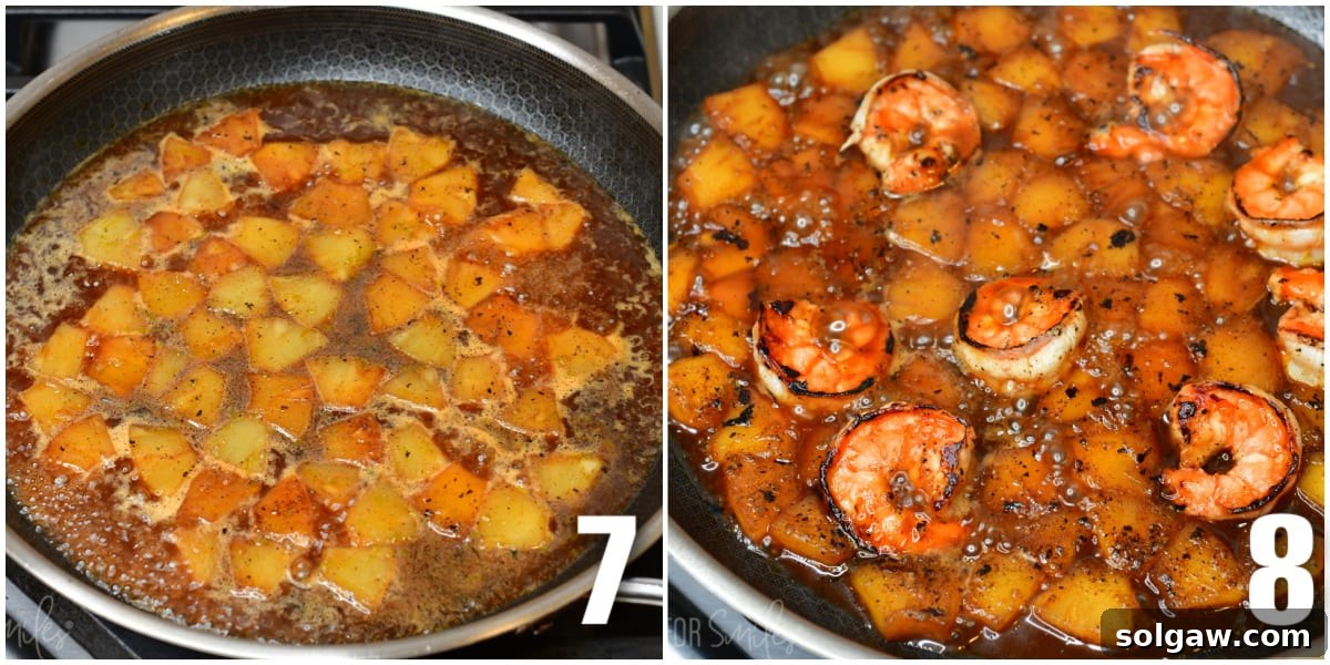 Island Shrimp Rice Bowl 6 A split image displaying the cooking process: one side shows pineapple chunks browning in a hot skillet, and the other shows cooked shrimp being added back into the pan with the caramelized pineapple and simmering sauce.