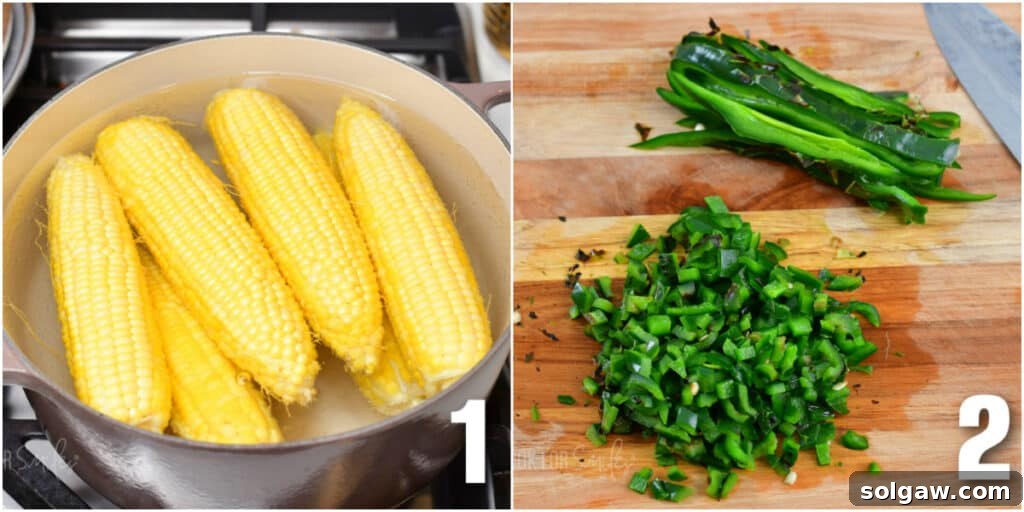 collage of boiling corn on the cob and diced charred poblano.