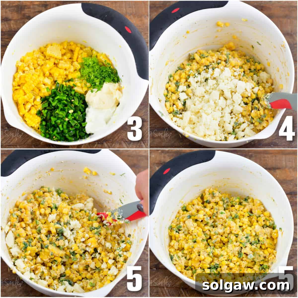 collage of four images of corn salad ingredients in a bowl, and mixing in queso fresco.