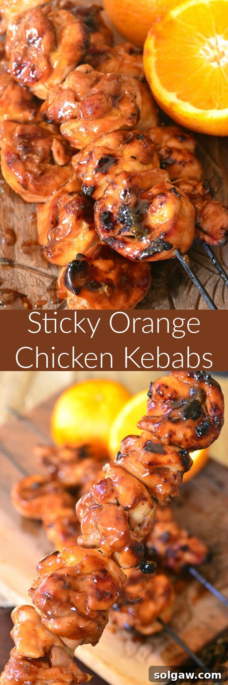 Orange Glazed Chicken Skewers 10 A collage of two images: top shows Sticky Orange Chicken Kebabs on a cutting board with a lemon, bottom shows a single kebab being lifted.