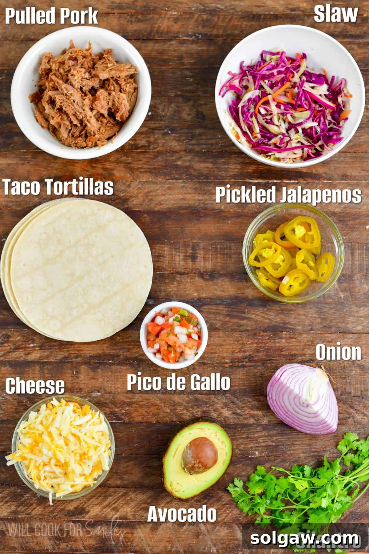 Labeled ingredients for pulled pork tacos arranged neatly on a rustic wood surface, showcasing fresh produce and spices.