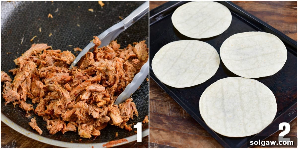 A collage showing two essential steps in making pulled pork tacos: searing the flavorful pulled pork in a hot pan to achieve crispy edges, and arranging soft flour tortillas on a baking sheet, ready for the oven.