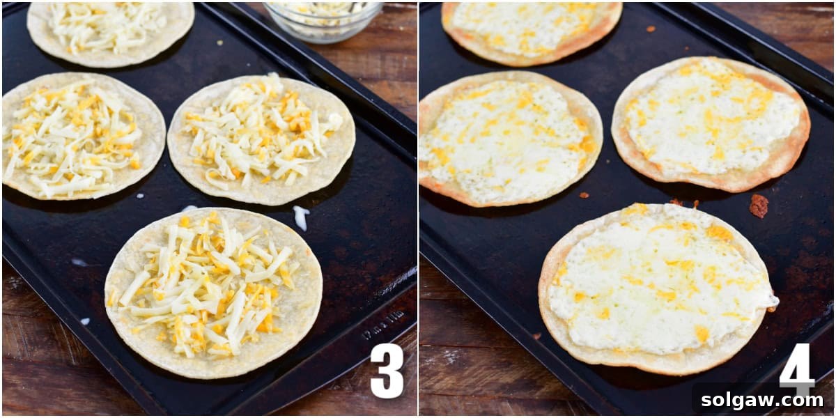 A collage of two images showcasing the transformation of tortillas topped with shredded cheese, from being freshly spread onto a baking sheet before baking, to emerging golden and bubbly from the oven.