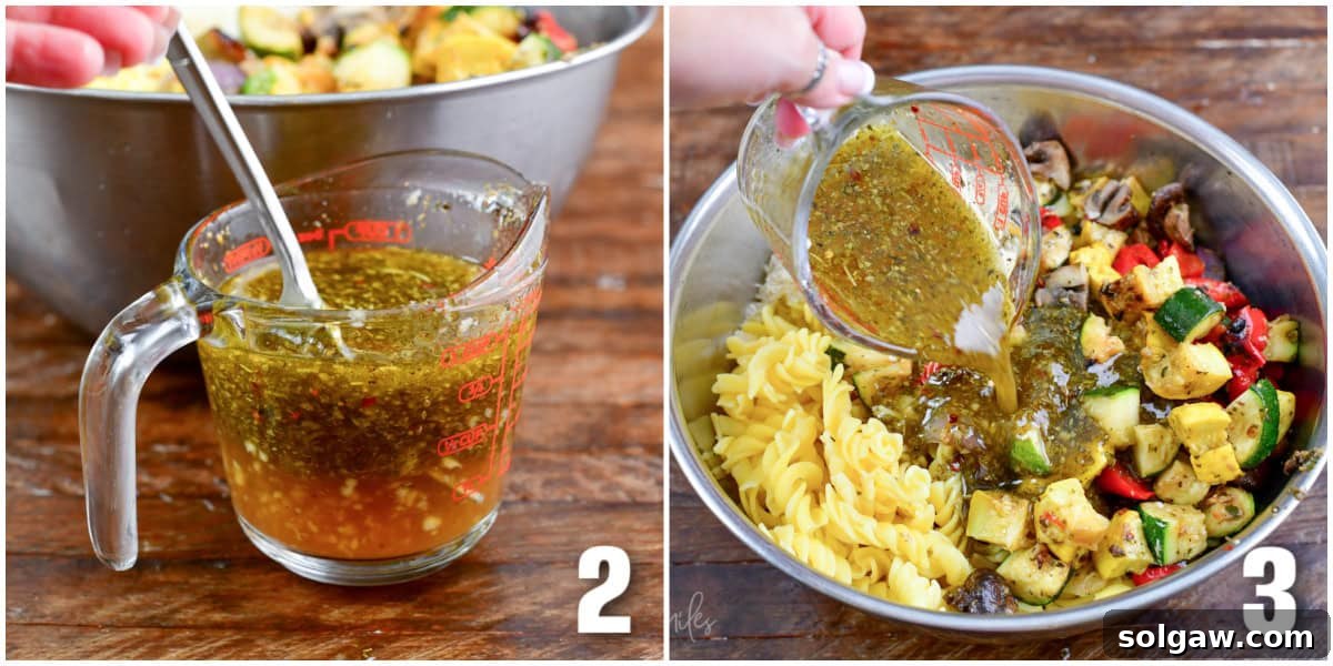 Smoky Grilled Veggie Pasta Salad 5 Collage of two images: balsamic dressing in a measuring cup and pouring it into a bowl with pasta and vegetables.