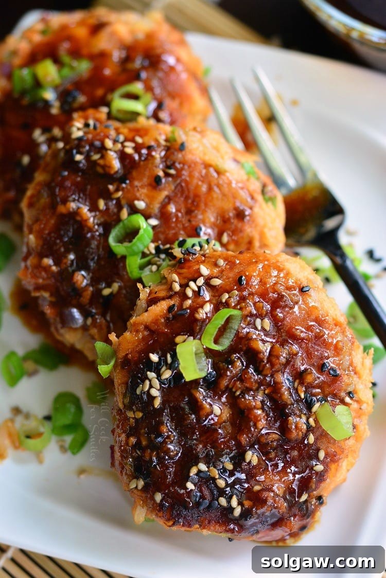 Teriyaki Rice and Salmon Patties cooked on the plate topped with sauce and sliced green onions