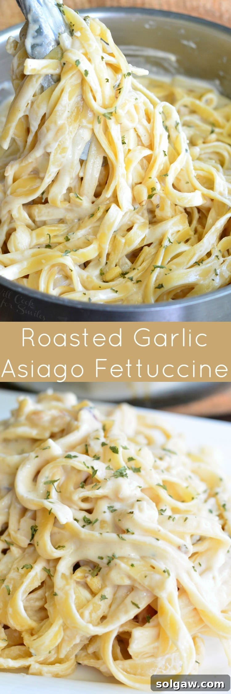 collage top picture Roasted Garlic Asiago Fettuccine in a metal bowl with metal tongs and 2nd is plate is pasta on the plate 