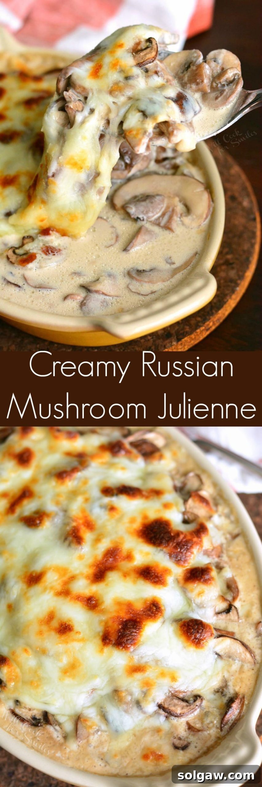 Creamy Russian Mushroom Julienne in casserole dish collage