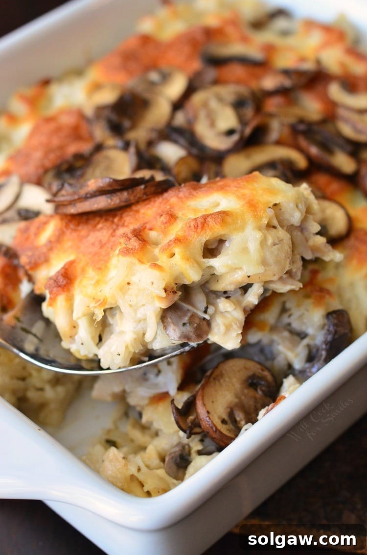 Creamy Chicken Mushroom Rice Casserole in a casserole dish with a spoon scooping some out