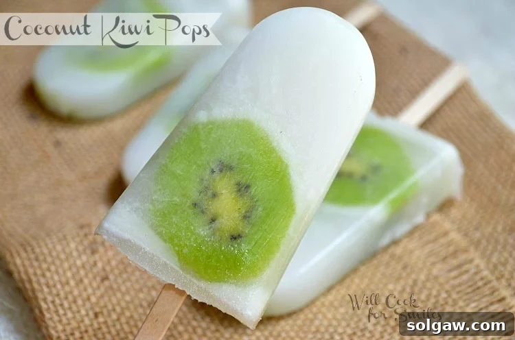 Close-up of a hand holding a Coconut Kiwi ice pop with other pops on a burlap surface
