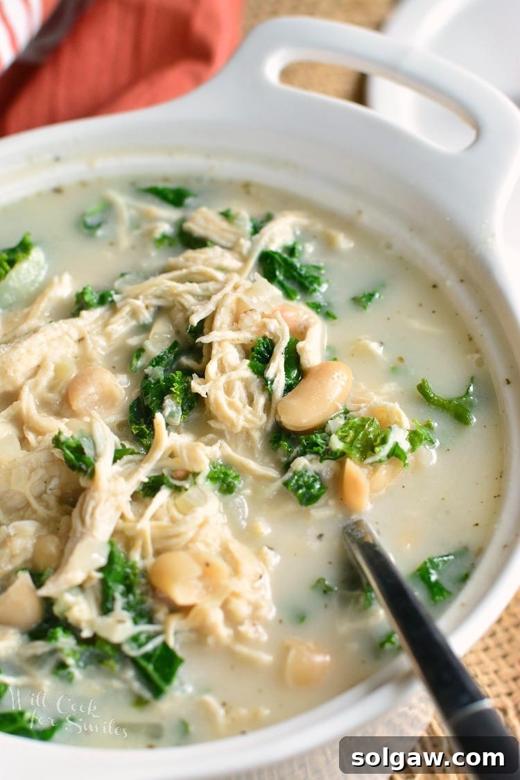 Creamy Chicken and Bean Soup. This creamy soup is actually light and made with shredded chicken breast, two types of beans, and kale. #chickensoup #soup