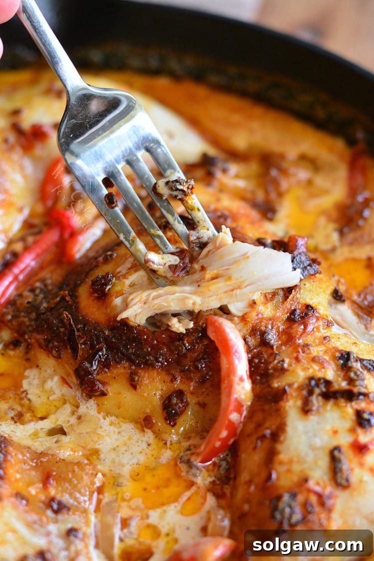 Creamy Chipotle Pepper Chicken Thighs in a pan with a fork