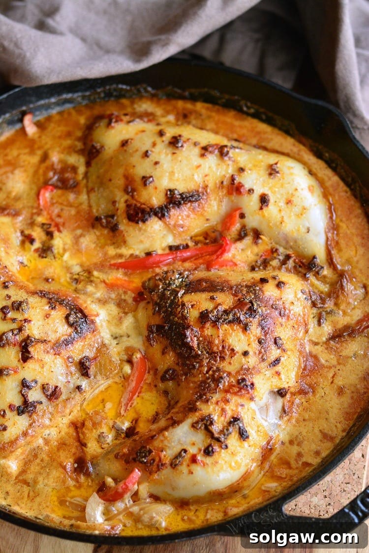 Creamy Chipotle Pepper Chicken Thighs in a pan
