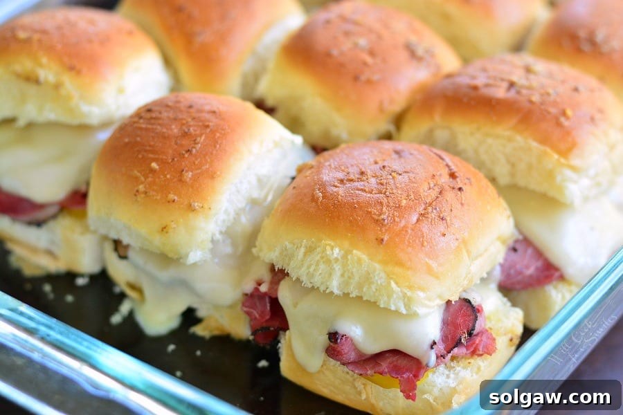 Hot Pastrami Sliders in a baking dish