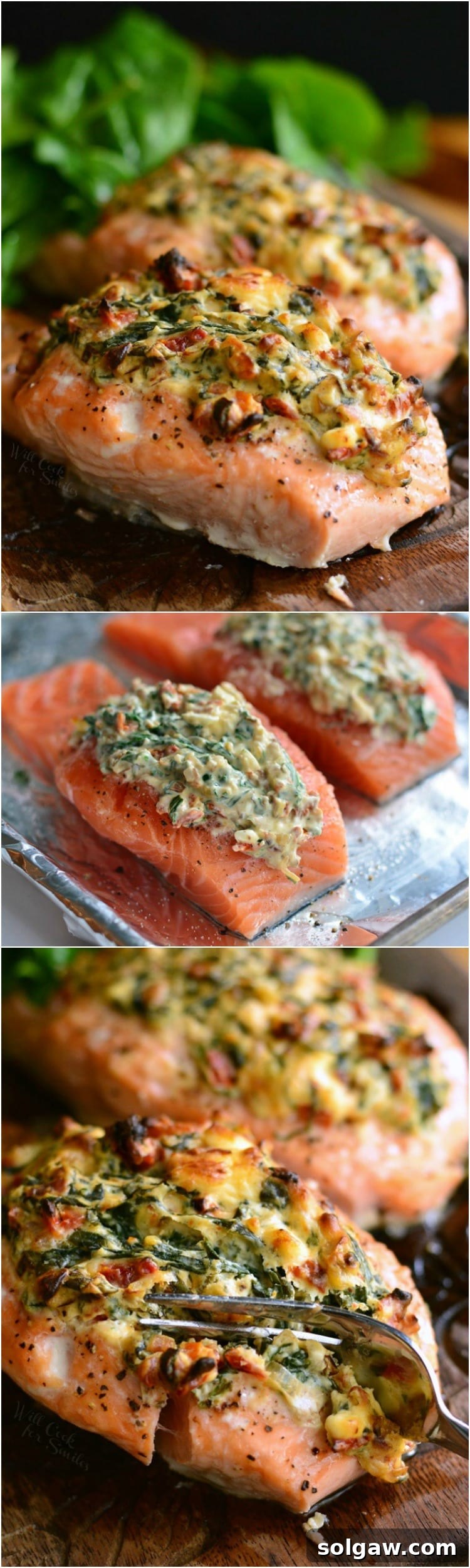 Salmon Bursting with Creamy Spinach and Sun-Dried Tomatoes 7 Stuffed Salmon baking in oven and finished dish collage