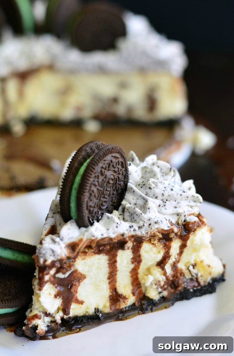 Oreo Mint Chocolate Chip Cheesecake on a plate 