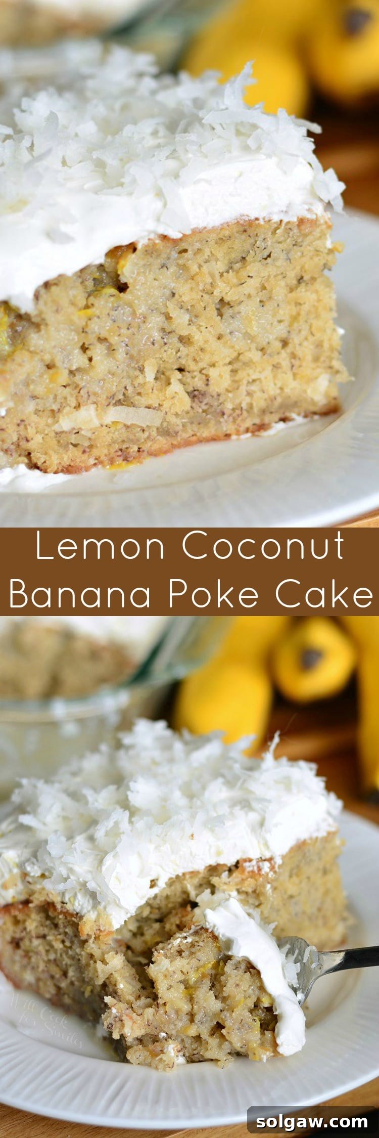 Collage of various Lemon Coconut Banana Poke Cake images, showing different angles