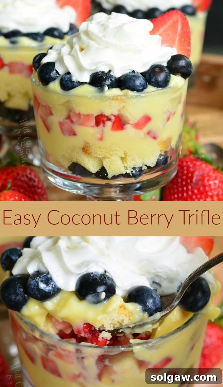 Easy Coconut Berry Trifle in a glass serving bowl with a spoon on a cutting board with a strawberries collage