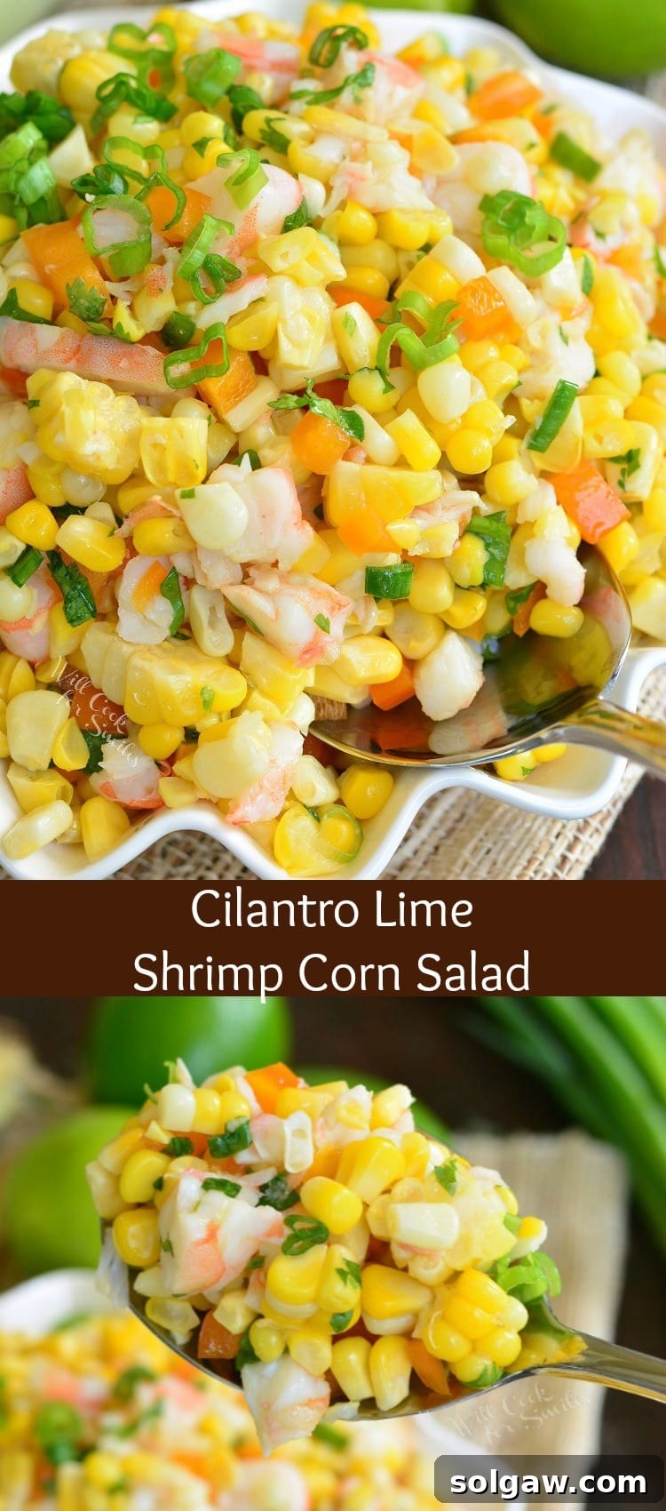 Cilantro Lime Shrimp Corn Salad in a bowl and a serving spoon scooping out salad collage 