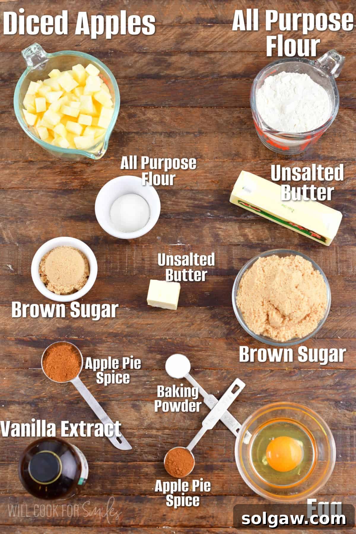 Chewy Spiced Apple Blondie Bars 3 Labeled ingredients for apple pie blondies laid out on a rustic wood cutting board.