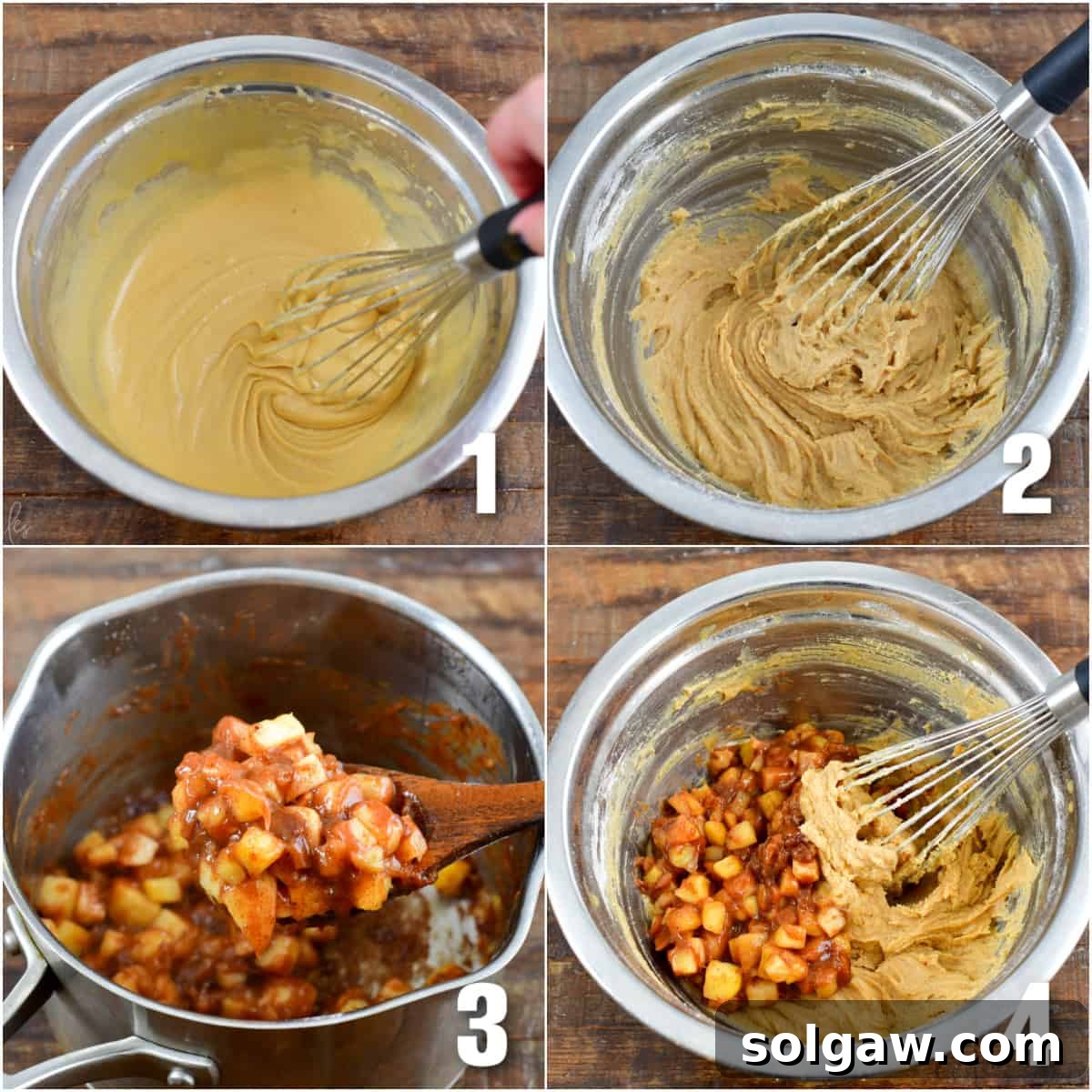 Chewy Spiced Apple Blondie Bars 4 Collage of four images showing the process of mixing apple pie blondie batter.