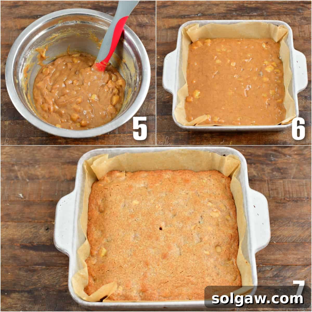 Chewy Spiced Apple Blondie Bars 5 Collage of three images showing the blondies before and after baking.