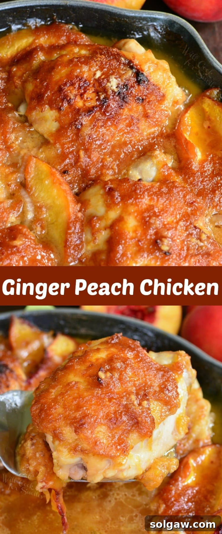 A collage featuring a close-up of sauce-covered chicken in a pan on the top, and a chicken thigh being lifted by a spatula on the bottom, highlighting the dish's appeal.