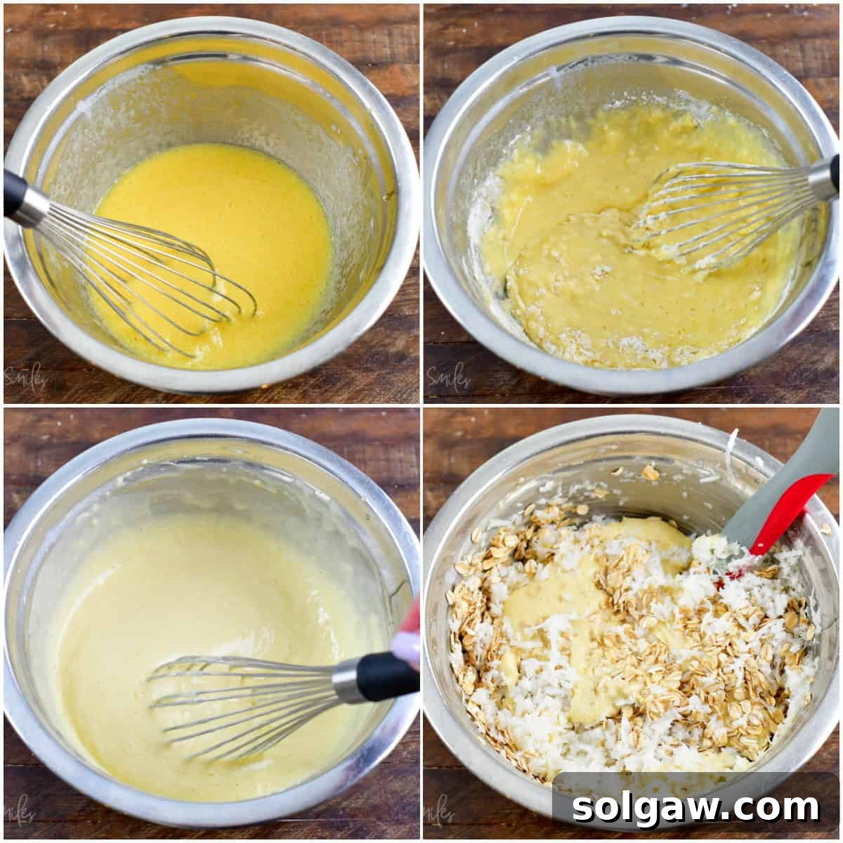 A collage of four images showing the process of making batter for coconut oat muffins in a metal mixing bowl.