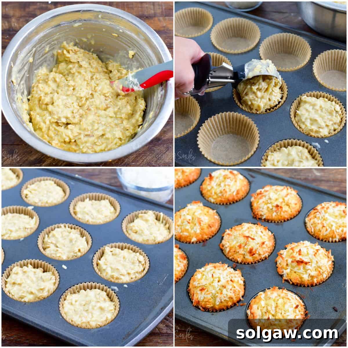 A collage of four images showcasing the process of adding batter into muffin cups and the freshly baked muffins cooling.