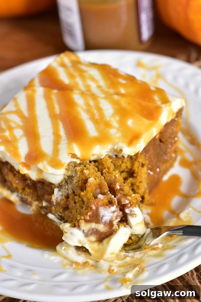 Pumpkin Cake with Salted Caramel and Cream Cheese Frosting. Soft, moist pumpkin cake soaked with salted caramel and topped with smooth cream cheese frosting. This pumpkin cake is paired beautifully with salted caramel flavors and creamy frosting in each bite. #cake #Pumpkin #pumpkincake #caramelcake #saltedcaramel