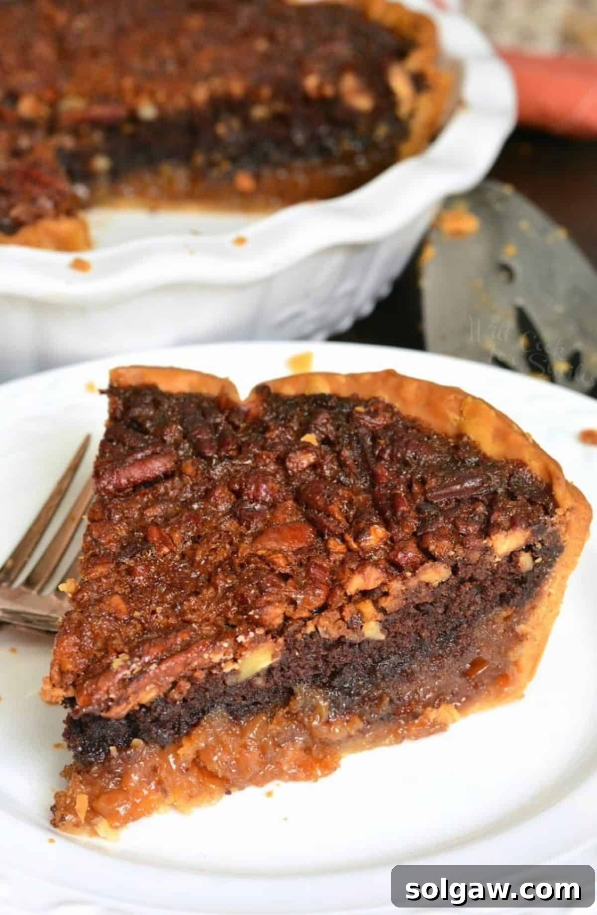 A beautiful slice of Brownie Pecan Pie on a white plate, positioned next to the remainder of the pie in its baking dish.