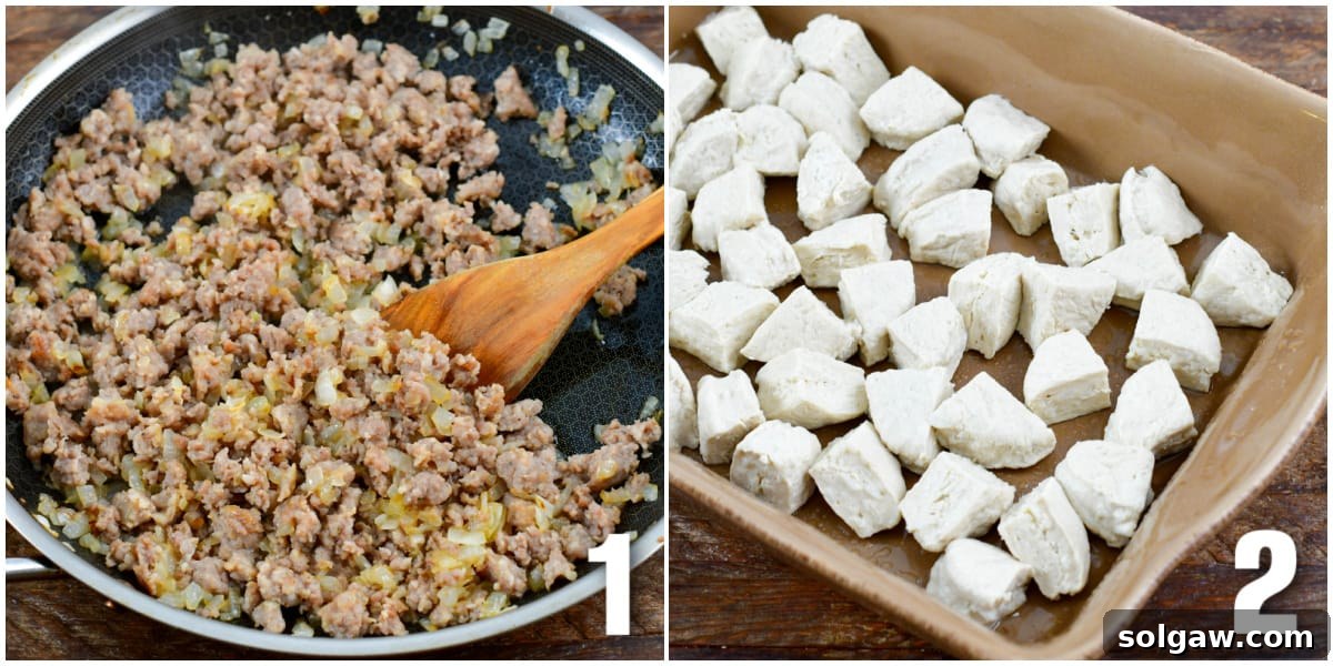Hearty Sausage & Egg Breakfast Bake 3 Collage showing sausages and onions cooking in a pan, and cut biscuits arranged in a casserole dish.