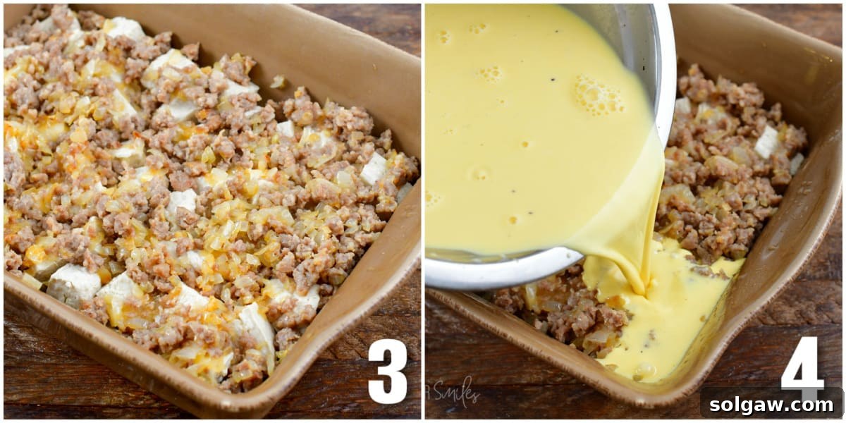 Hearty Sausage & Egg Breakfast Bake 4 Collage showing cooked sausage mixture spread over biscuits in a casserole dish, and egg mixture being poured over the layers.