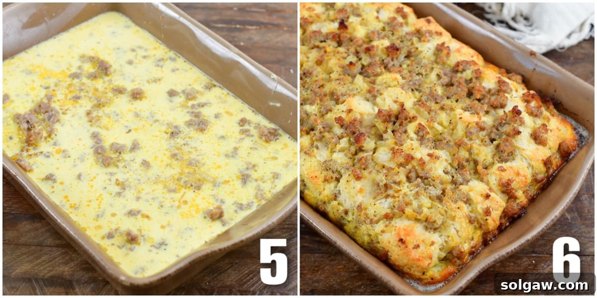 Hearty Sausage & Egg Breakfast Bake 5 Freshly baked sausage breakfast casserole with golden edges and puffed biscuits, straight from the oven.