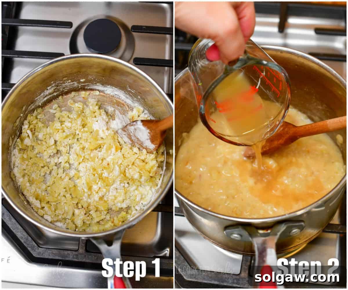 Collage of two step photos: stirring flour into sautéed onions and garlic, and then gradually adding chicken broth to the pot to form the sauce base.