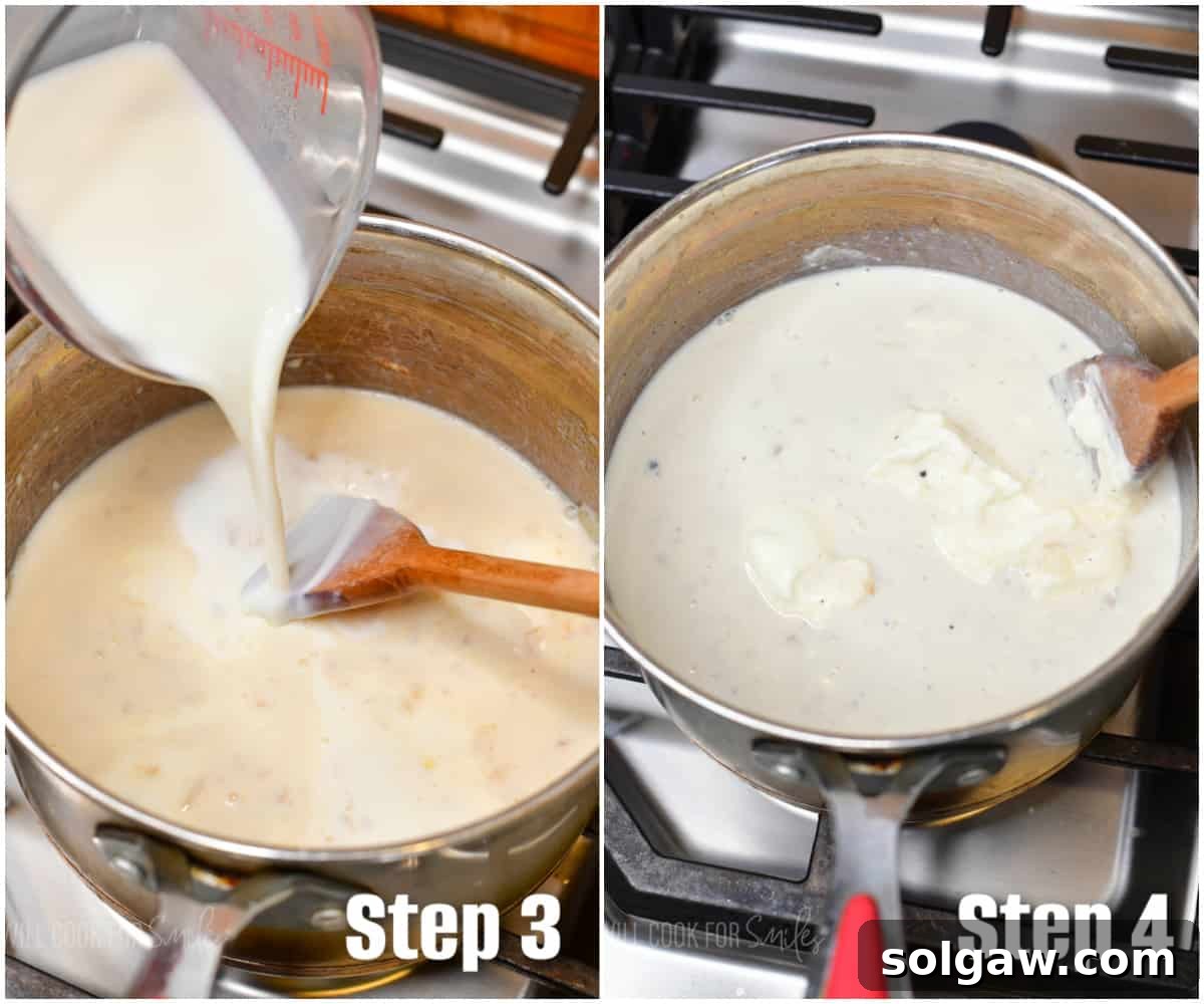 Two step photos: gradually pouring milk into the roux while stirring, and then incorporating sour cream into the simmering cheese sauce.