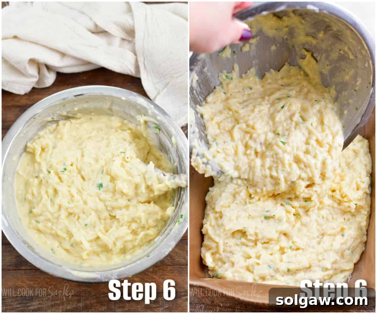 Collage of two step images: gently mixing hashbrown potatoes with the creamy cheese sauce in a large bowl, and then spreading the mixture evenly into a baking pan.