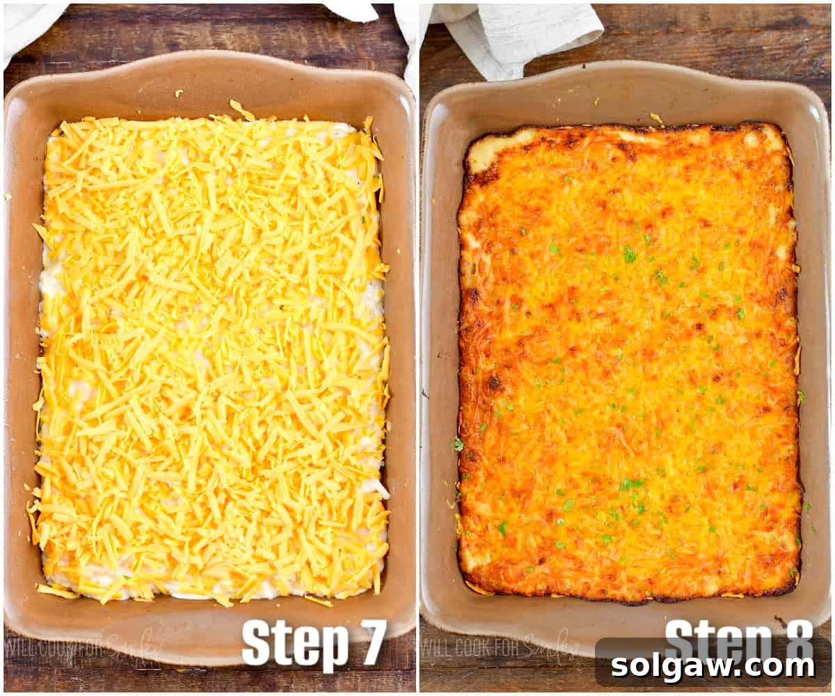 Collage of two images showing the hashbrown casserole before and after baking, highlighting the transformation to a golden, bubbly dish.