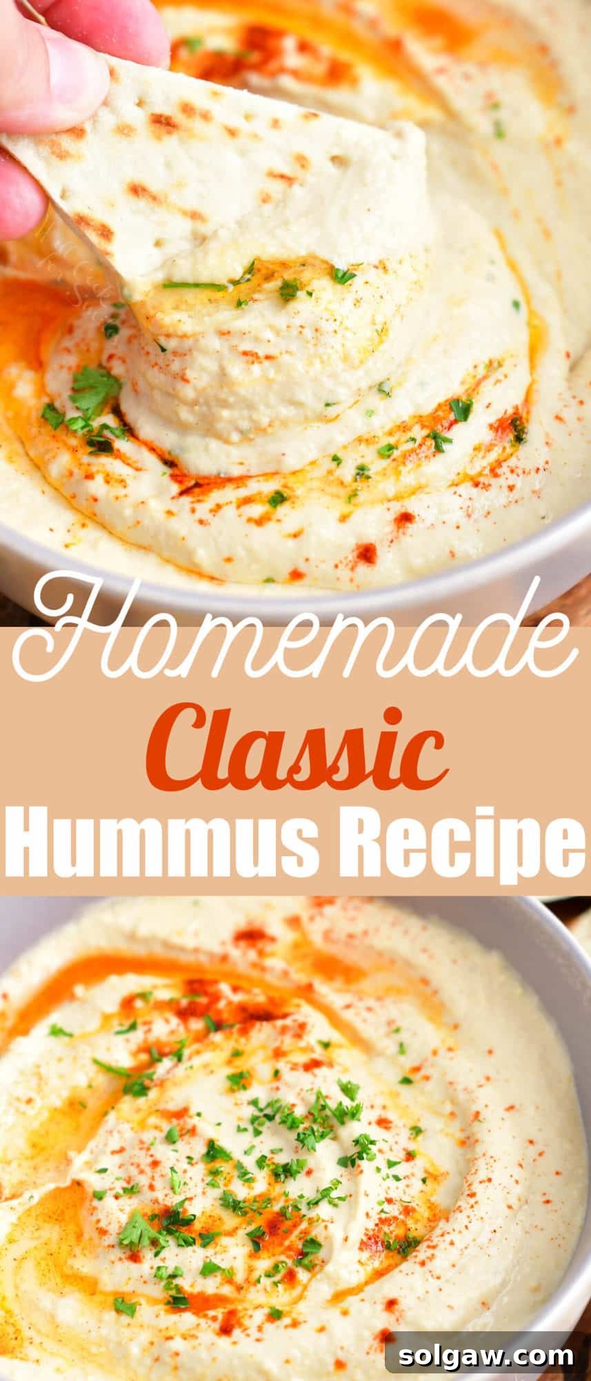 title collage with two images of scooping hummus with flatbread and hummus in a bowl