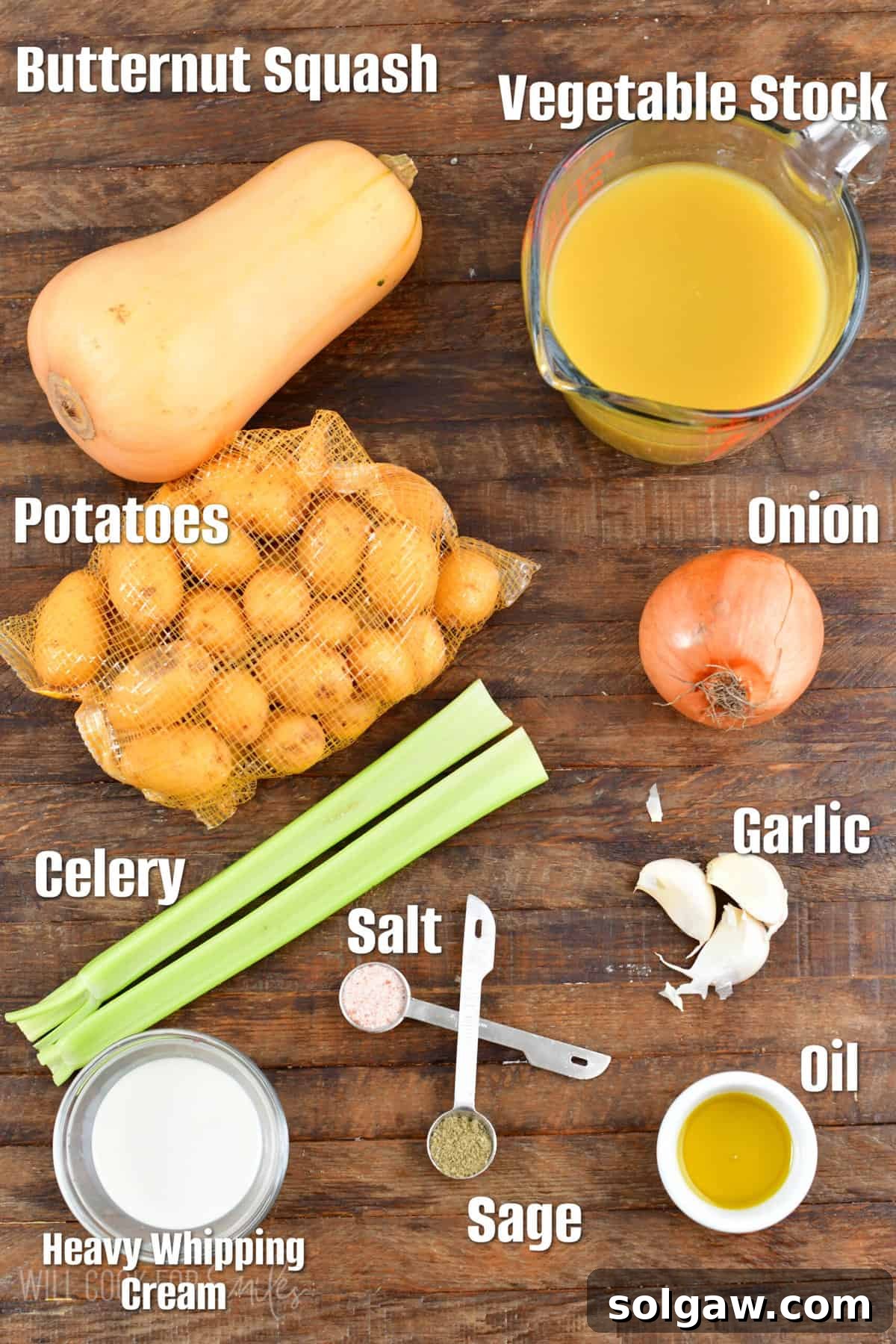 Creamy Instant Pot Butternut Soup 3 labeled ingredients for butternut squash soup on a wood surface.