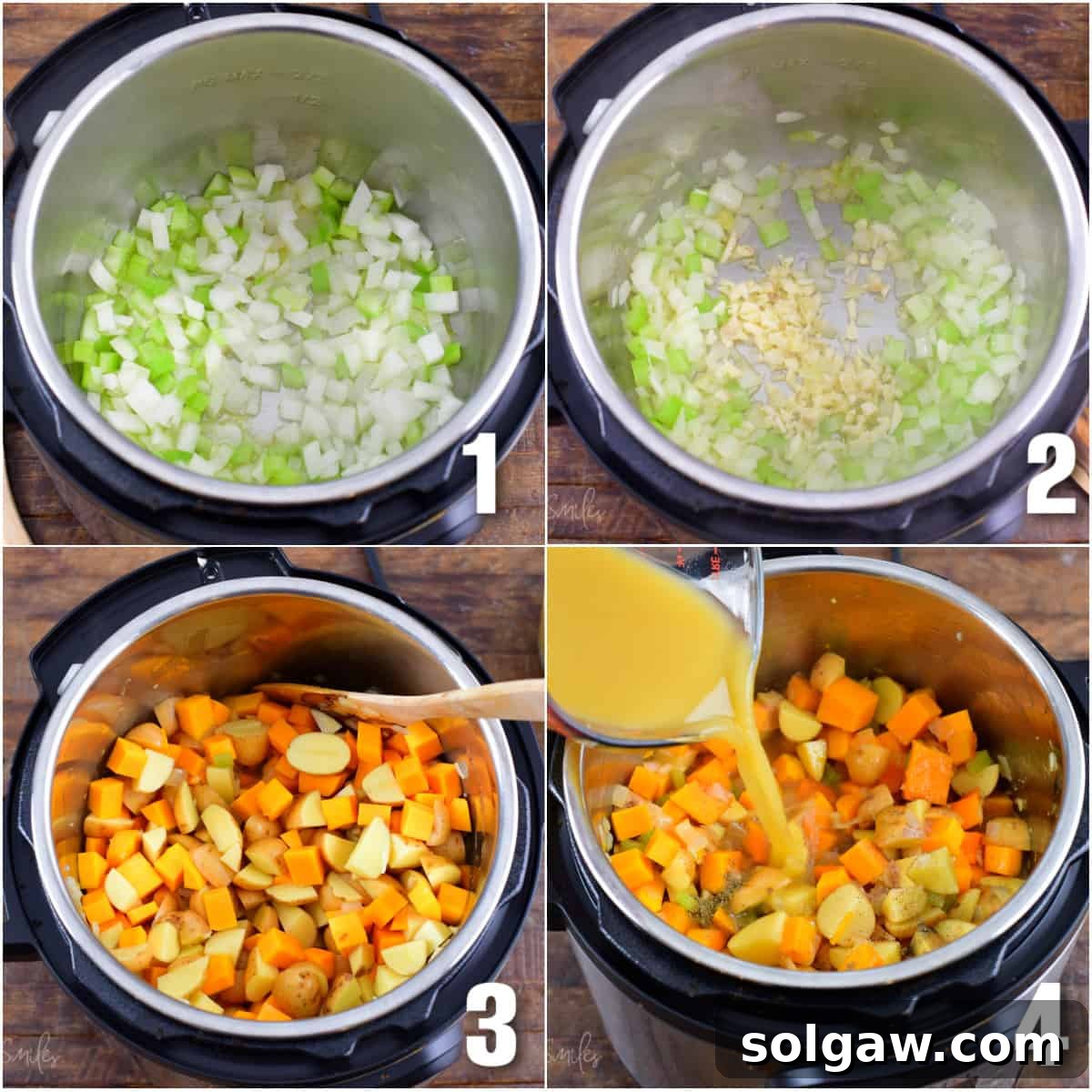 Creamy Instant Pot Butternut Soup 4 collage of four images of ingredients for soup in the instant pot.