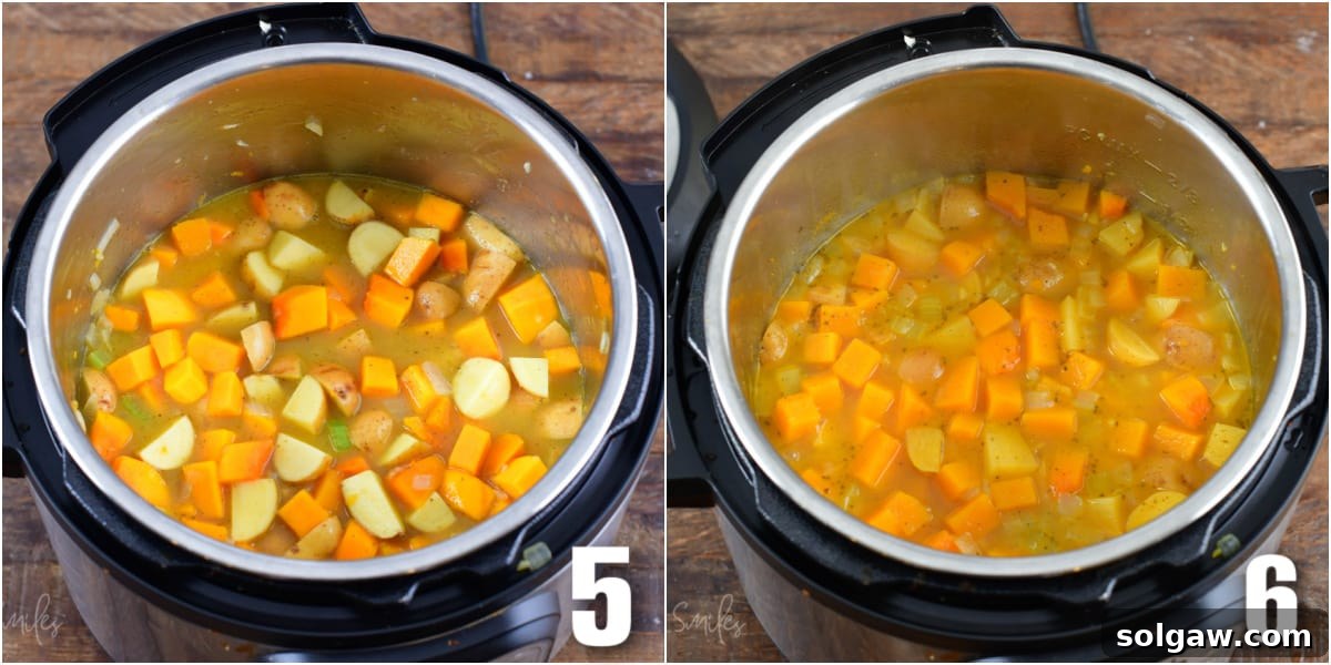 Creamy Instant Pot Butternut Soup 5 collage of two images of the ingredients for butternut squash soup in a instant pot.
