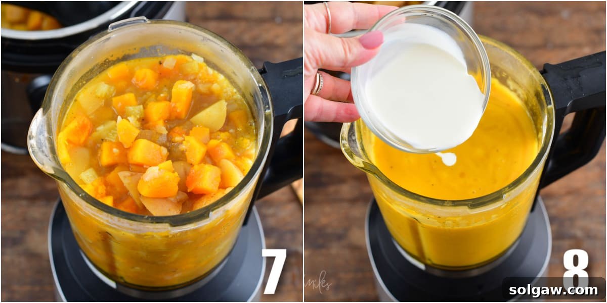 Creamy Instant Pot Butternut Soup 6 collage of two images squash in a food processer and pouring the cream into food processer.