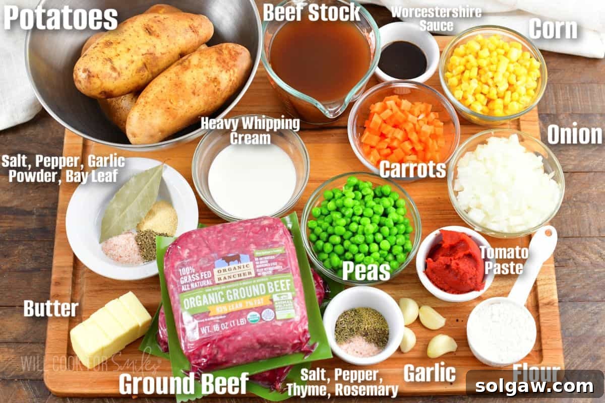 Hearty Shepherd's Pie: A Comfort Food Classic 2 labeled ingredients needed to make shepherd's pie on a cutting board.