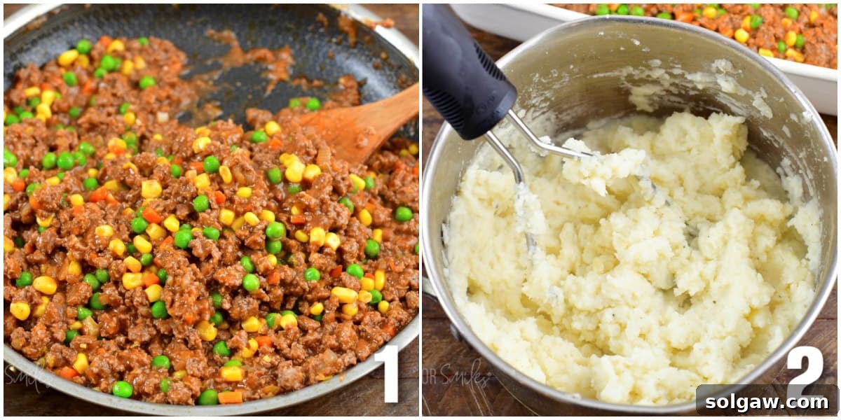 Hearty Shepherd's Pie: A Comfort Food Classic 4 collage of two images of cooked beef and veggies and cooked mashed potatoes.