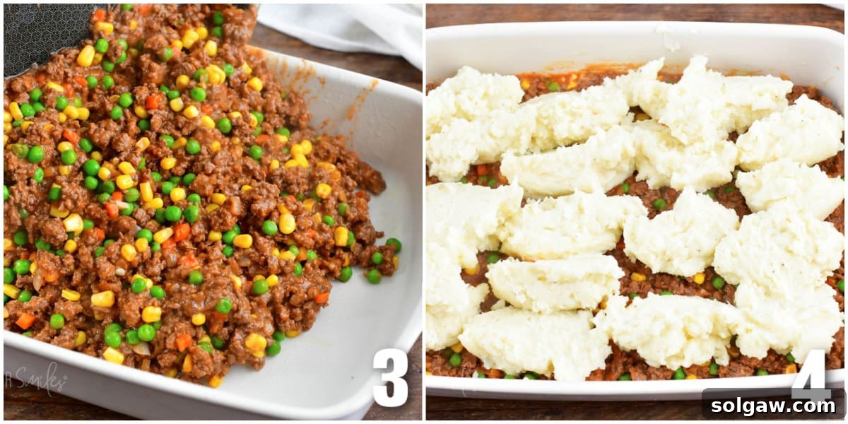 Hearty Shepherd's Pie: A Comfort Food Classic 5 collage of two images of layering beef and then potatoes for shepherd's pie.