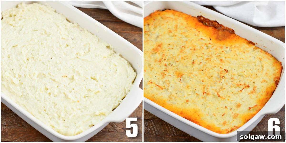 Hearty Shepherd's Pie: A Comfort Food Classic 6 collage of two images of shepherd's pie in casserole dish before and after cooking.