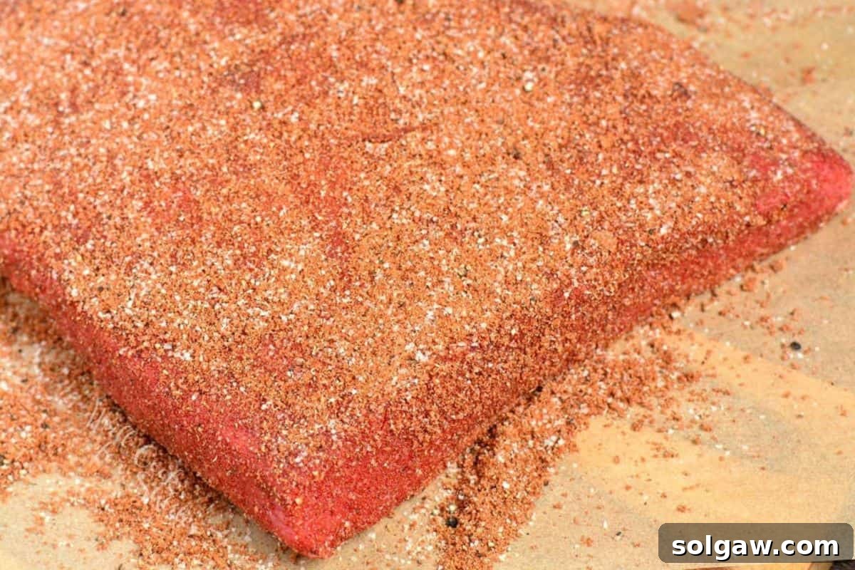 beef brisket flat coated in the dry rub seasoning on parchment paper. 